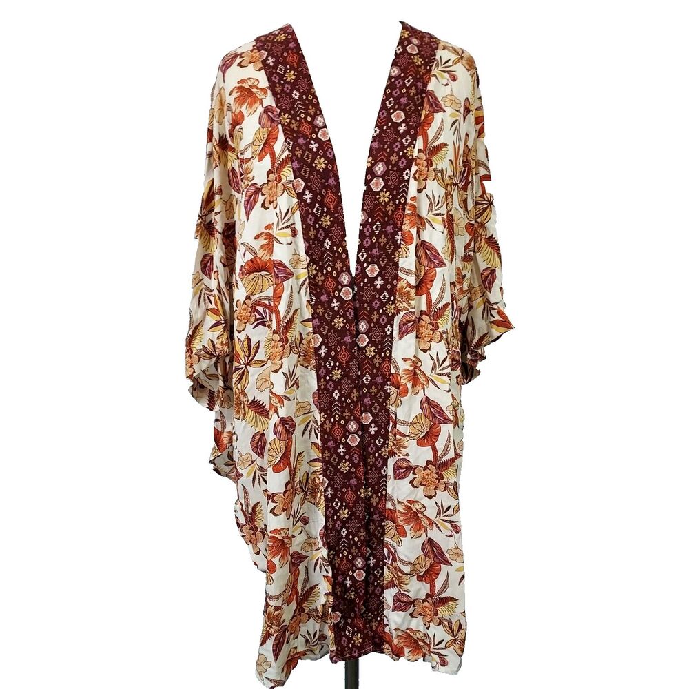 Cato Flowy Long Cardigan Large Open Front Short Sleeves Fall Floral Colors New
